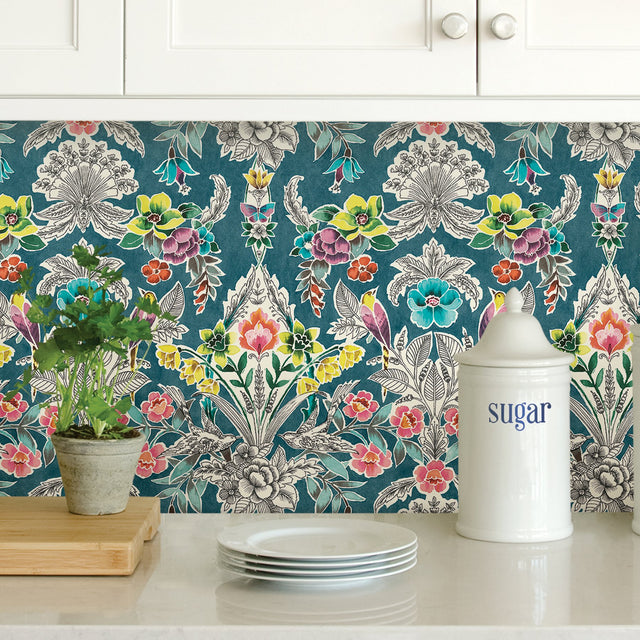 Summer Love Teal Peel & Stick Wallpaper with Botanical Damask, Modern Floral Pattern - NuWallpaper NU3037