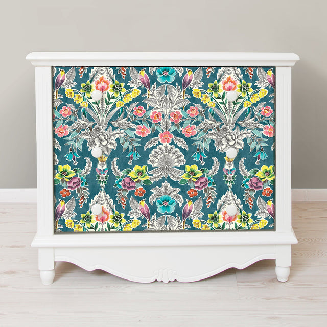 Summer Love Teal Peel & Stick Wallpaper with Botanical Damask, Modern Floral Pattern - NuWallpaper NU3037