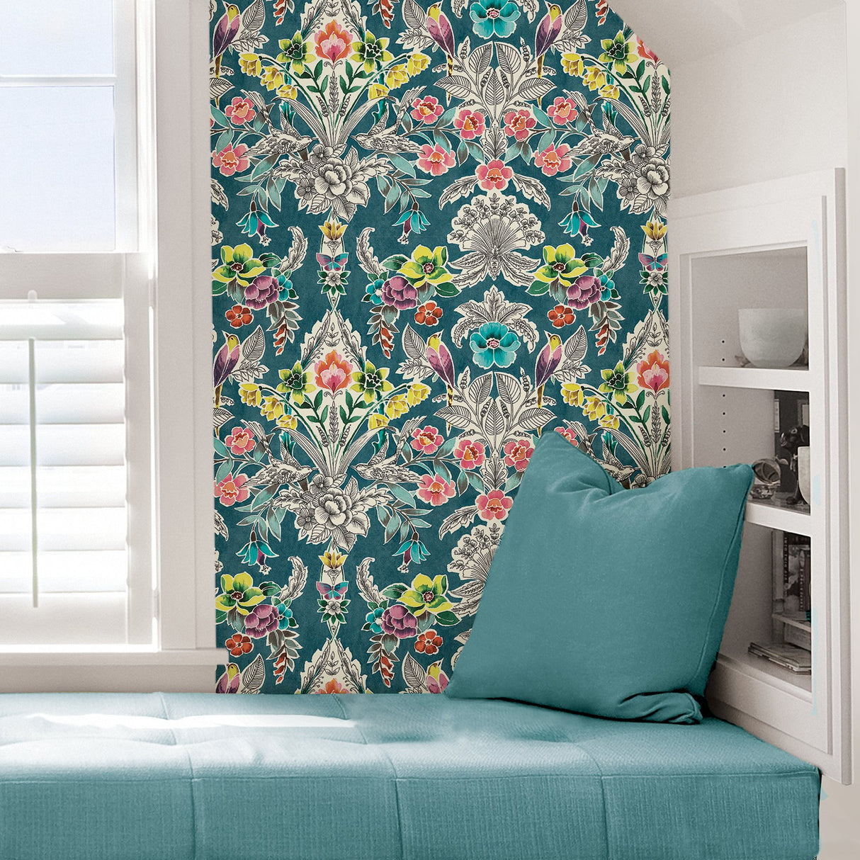 Summer Love Teal Peel & Stick Wallpaper with Botanical Damask, Modern Floral Pattern - NuWallpaper NU3037