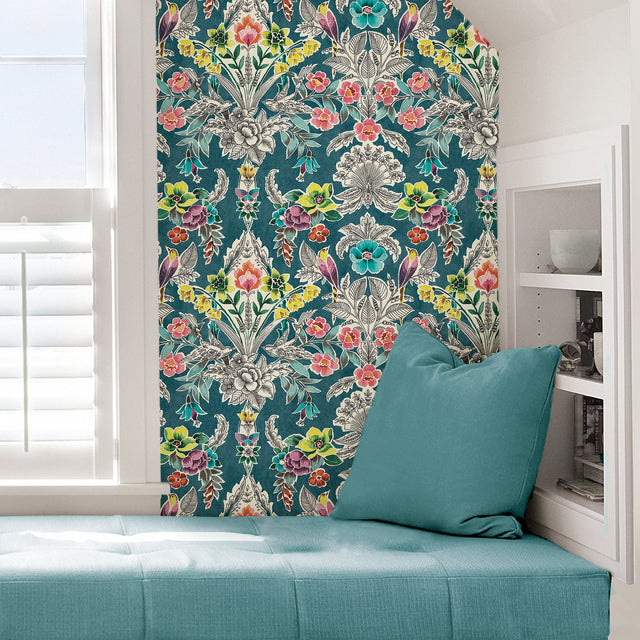 Summer Love Teal Peel & Stick Wallpaper with Botanical Damask, Modern Floral Pattern - NuWallpaper NU3037