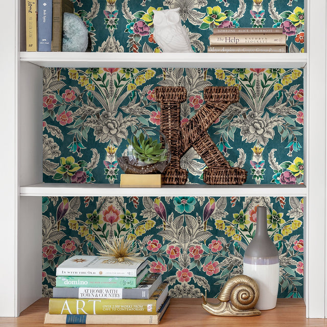 Summer Love Teal Peel & Stick Wallpaper with Botanical Damask, Modern Floral Pattern - NuWallpaper NU3037