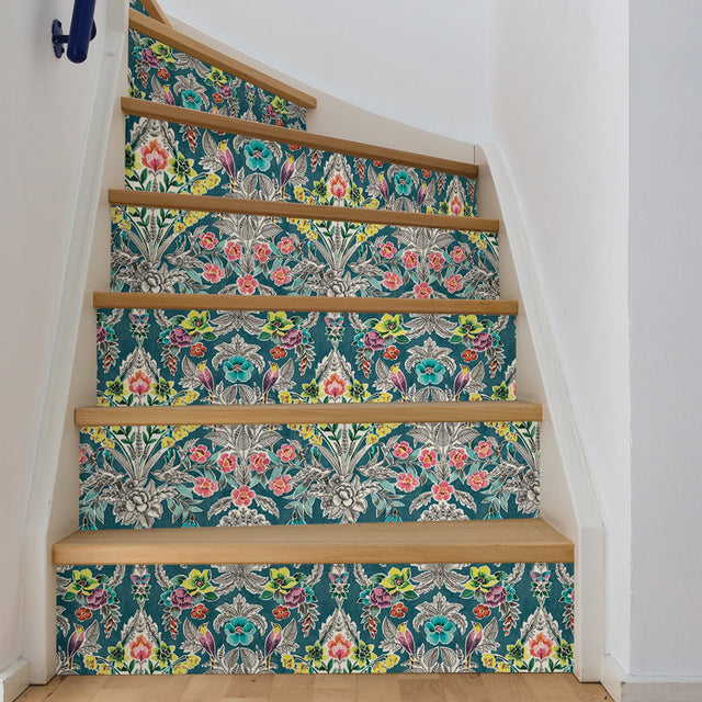 Summer Love Teal Peel & Stick Wallpaper with Botanical Damask, Modern Floral Pattern - NuWallpaper NU3037
