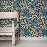 Groovy Garden Navy Peel & Stick Wallpaper with Vintage Woodland Botanical Pattern - NuWallpaper NU3038