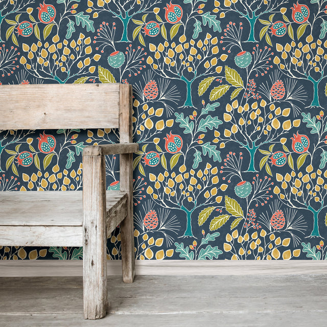 Groovy Garden Navy Peel & Stick Wallpaper with Vintage Woodland Botanical Pattern - NuWallpaper NU3038