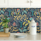 Groovy Garden Navy Peel & Stick Wallpaper with Vintage Woodland Botanical Pattern - NuWallpaper NU3038
