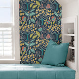 Groovy Garden Navy Peel & Stick Wallpaper with Vintage Woodland Botanical Pattern - NuWallpaper NU3038