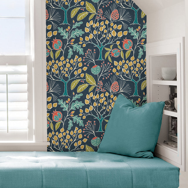 Groovy Garden Navy Peel & Stick Wallpaper with Vintage Woodland Botanical Pattern - NuWallpaper NU3038