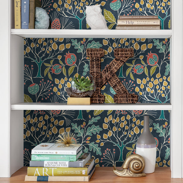 Groovy Garden Navy Peel & Stick Wallpaper with Vintage Woodland Botanical Pattern - NuWallpaper NU3038