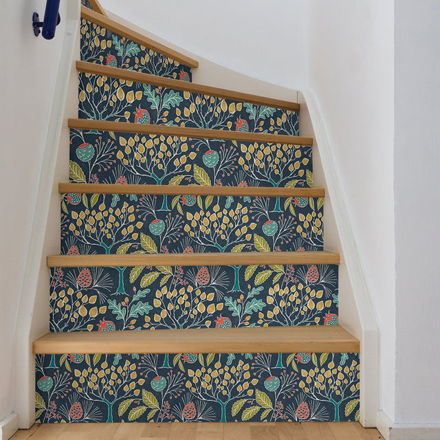 Groovy Garden Navy Peel & Stick Wallpaper with Vintage Woodland Botanical Pattern - NuWallpaper NU3038