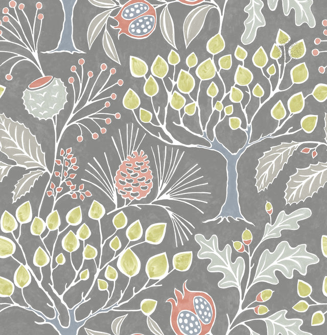 Groovy Garden Grey Peel & Stick Wallpaper with Vintage Woodland Trees - Brewster NU3039