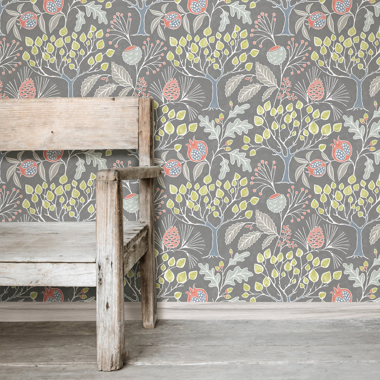 Groovy Garden Grey Peel & Stick Wallpaper with Vintage Woodland Trees - Brewster NU3039