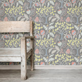 Groovy Garden Grey Peel & Stick Wallpaper with Vintage Woodland Trees - Brewster NU3039