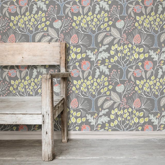 Groovy Garden Grey Peel & Stick Wallpaper with Vintage Woodland Trees - Brewster NU3039