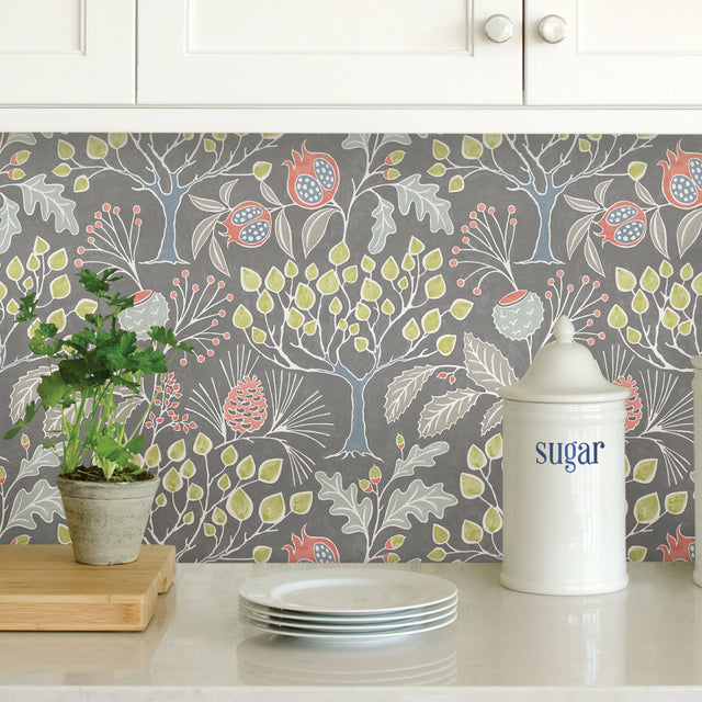 Groovy Garden Grey Peel & Stick Wallpaper with Vintage Woodland Trees - Brewster NU3039