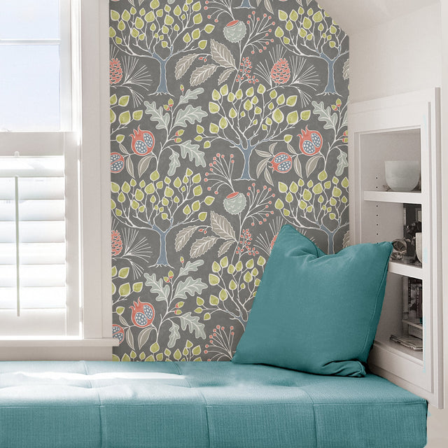 Groovy Garden Grey Peel & Stick Wallpaper with Vintage Woodland Trees - Brewster NU3039