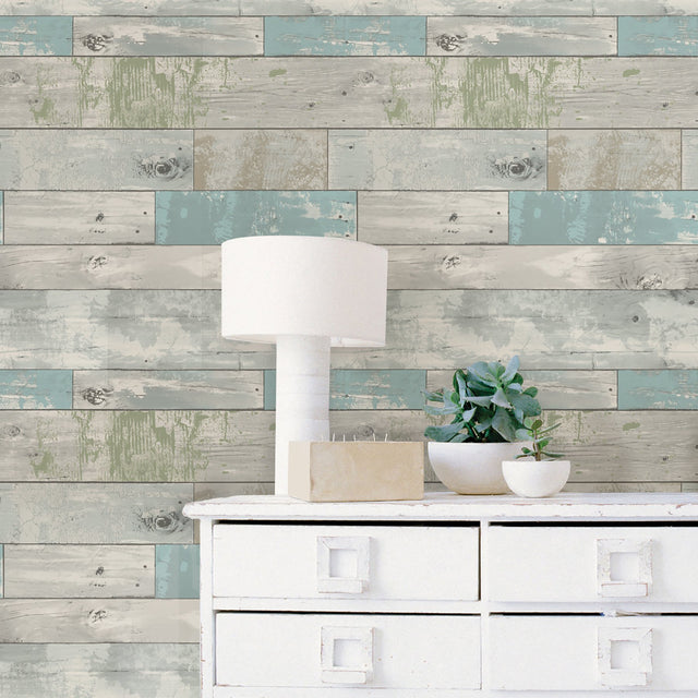 Beachwood Aqua Peel & Stick Wallpaper with Reclaimed Wood Motif - NuWallpaper NU1647
