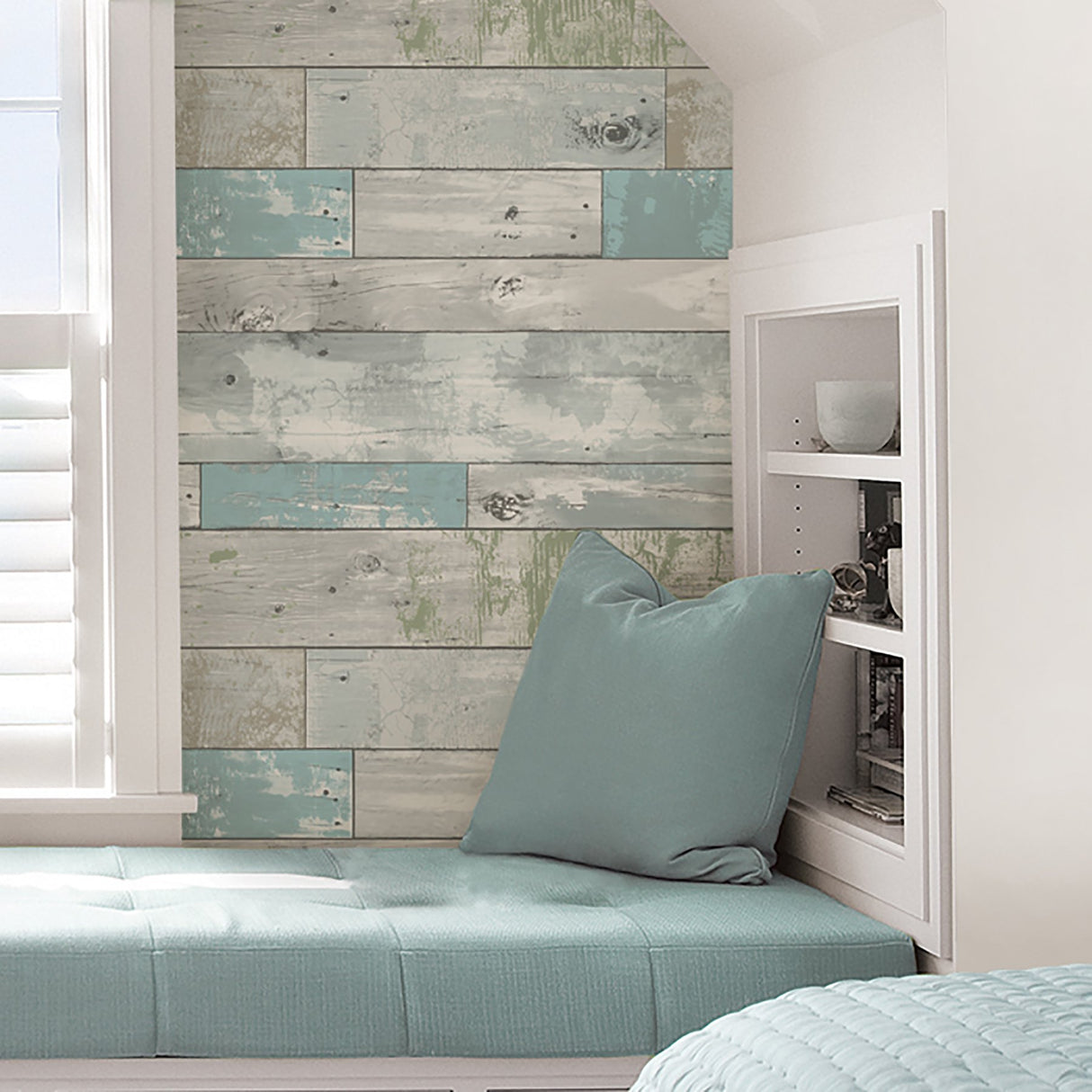 Beachwood Aqua Peel & Stick Wallpaper with Reclaimed Wood Motif - NuWallpaper NU1647