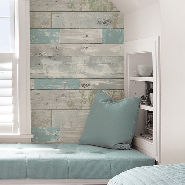 Beachwood Aqua Peel & Stick Wallpaper with Reclaimed Wood Motif - NuWallpaper NU1647