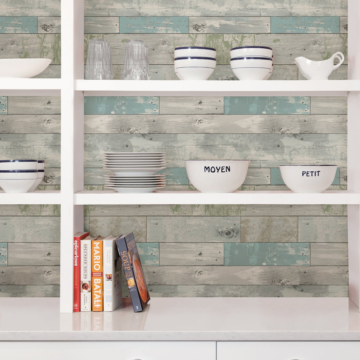 Beachwood Aqua Peel & Stick Wallpaper with Reclaimed Wood Motif - NuWallpaper NU1647