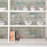 Beachwood Aqua Peel & Stick Wallpaper with Reclaimed Wood Motif - NuWallpaper NU1647