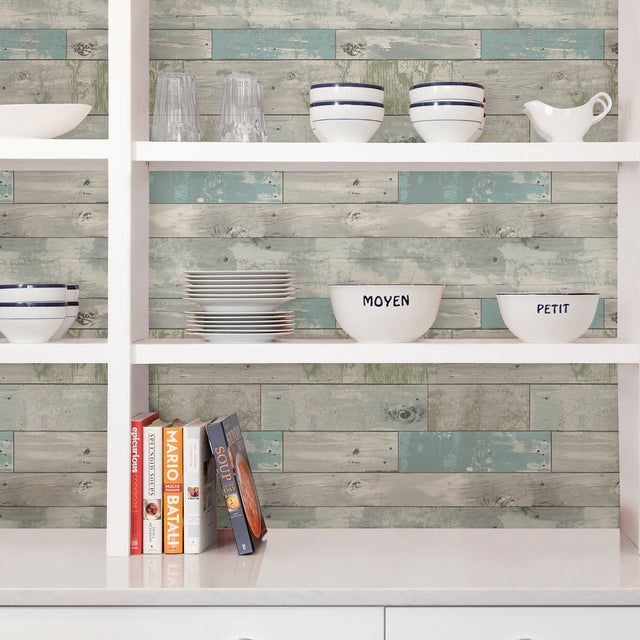 Beachwood Aqua Peel & Stick Wallpaper with Reclaimed Wood Motif - NuWallpaper NU1647