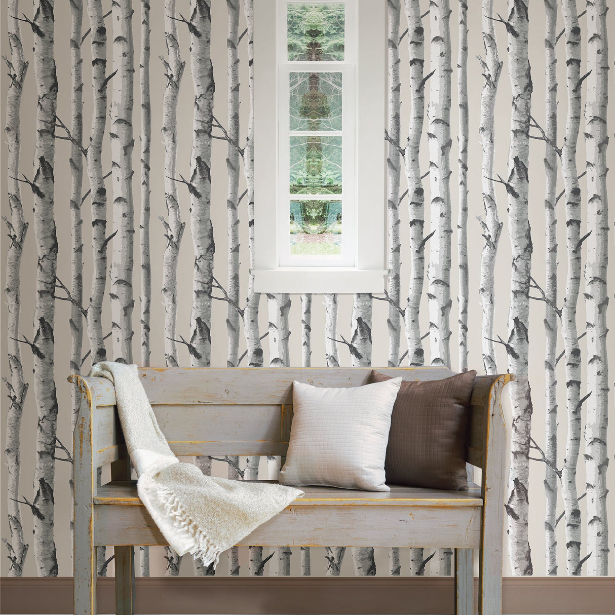 Birch Tree Grey Peel & Stick Wallpaper with Nature Tree Pattern, Country Style - NuWallpaper NU1650