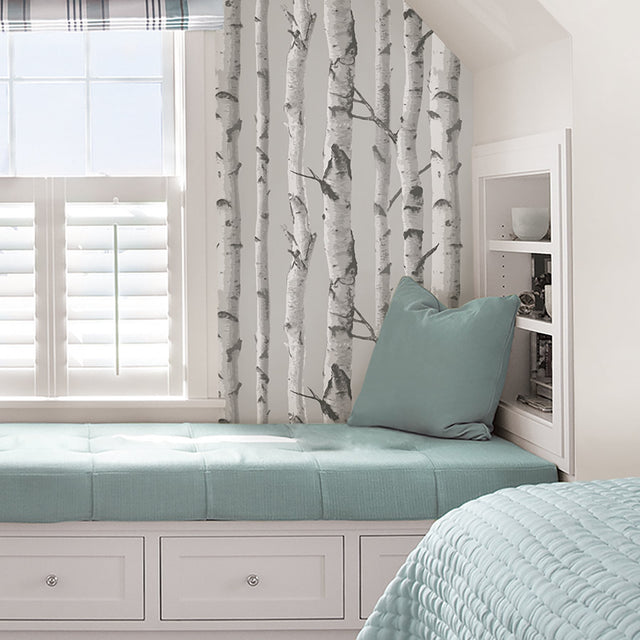 Birch Tree Grey Peel & Stick Wallpaper with Nature Tree Pattern, Country Style - NuWallpaper NU1650