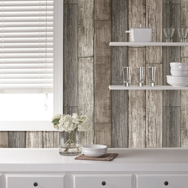Reclaimed Wood Plank Natural Peel & Stick Wallpaper with Textured Raised Inks - NuWallpaper NU1690