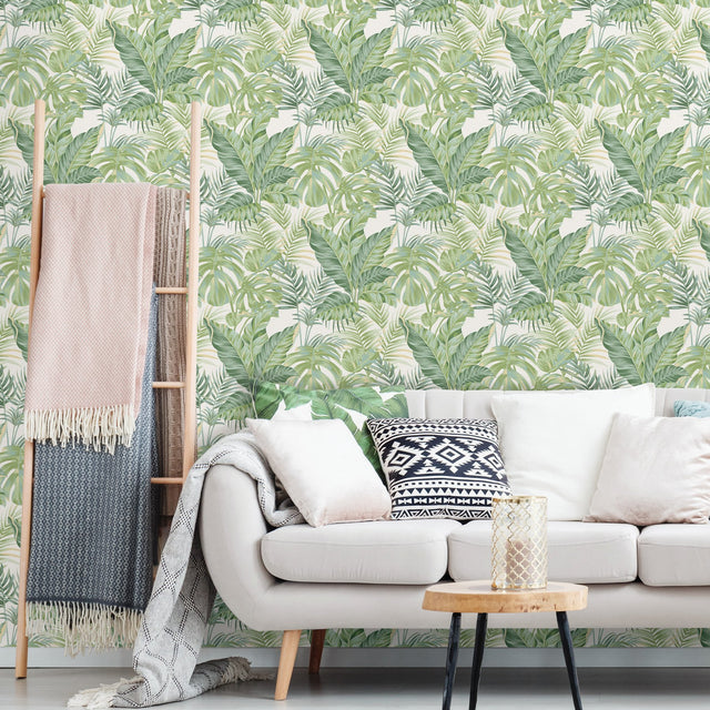 Madagascar Green Peel & Stick Wallpaper with Tropical Botanical Leaves Pattern - NuWallpaper NU3382