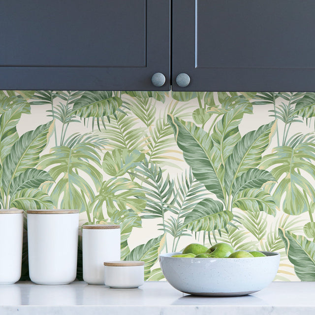 Madagascar Green Peel & Stick Wallpaper with Tropical Botanical Leaves Pattern - NuWallpaper NU3382