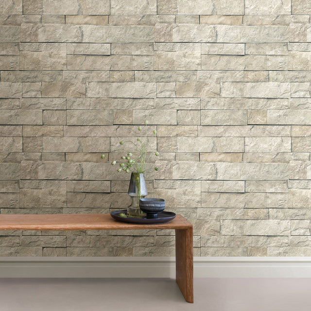 Landmark Beige Stone Peel & Stick Wallpaper with Traditional Graphics Motif - NuWallpaper NU3383