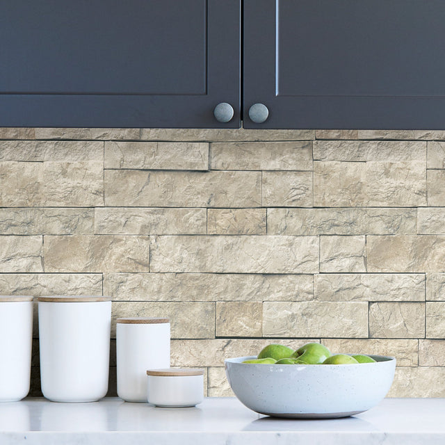 Landmark Beige Stone Peel & Stick Wallpaper with Traditional Graphics Motif - NuWallpaper NU3383