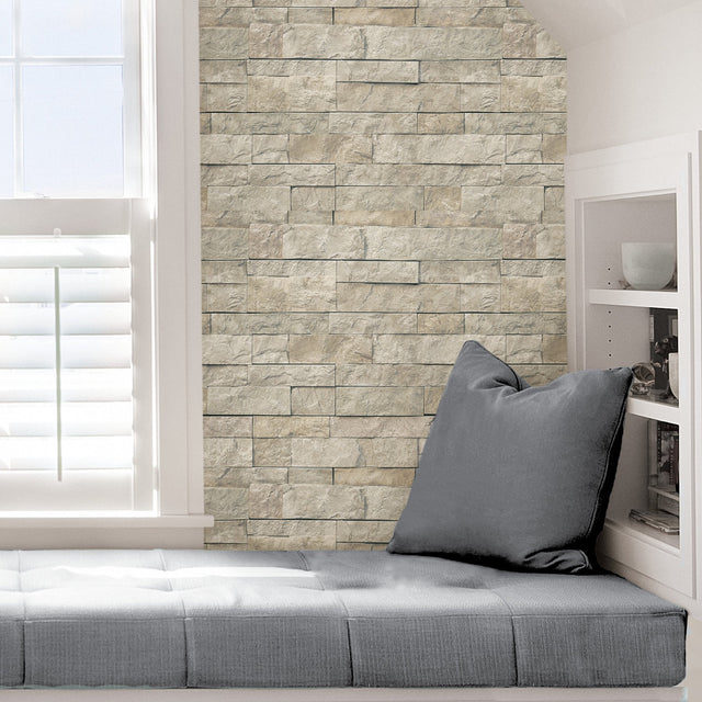Landmark Beige Stone Peel & Stick Wallpaper with Traditional Graphics Motif - NuWallpaper NU3383