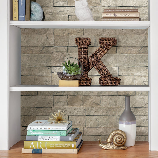Landmark Beige Stone Peel & Stick Wallpaper with Traditional Graphics Motif - NuWallpaper NU3383