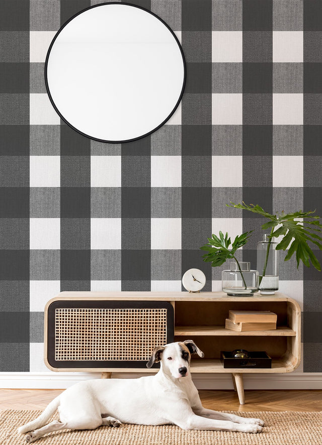 Buffalo Plaid Charcoal Peel & Stick Wallpaper with Farmhouse Plaid Pattern - NuWallpaper NU3668