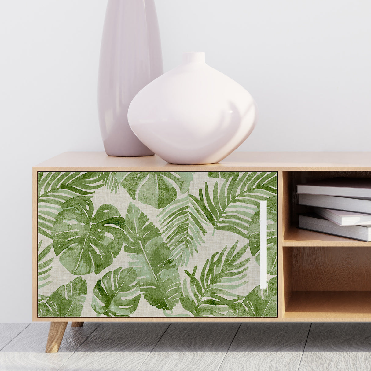 Tortola Green and Off-White Watercolor Tropical Botanical Monstera and Palm Leaf Peel and Stick Wallpaper by NuWallpaper - NU3670