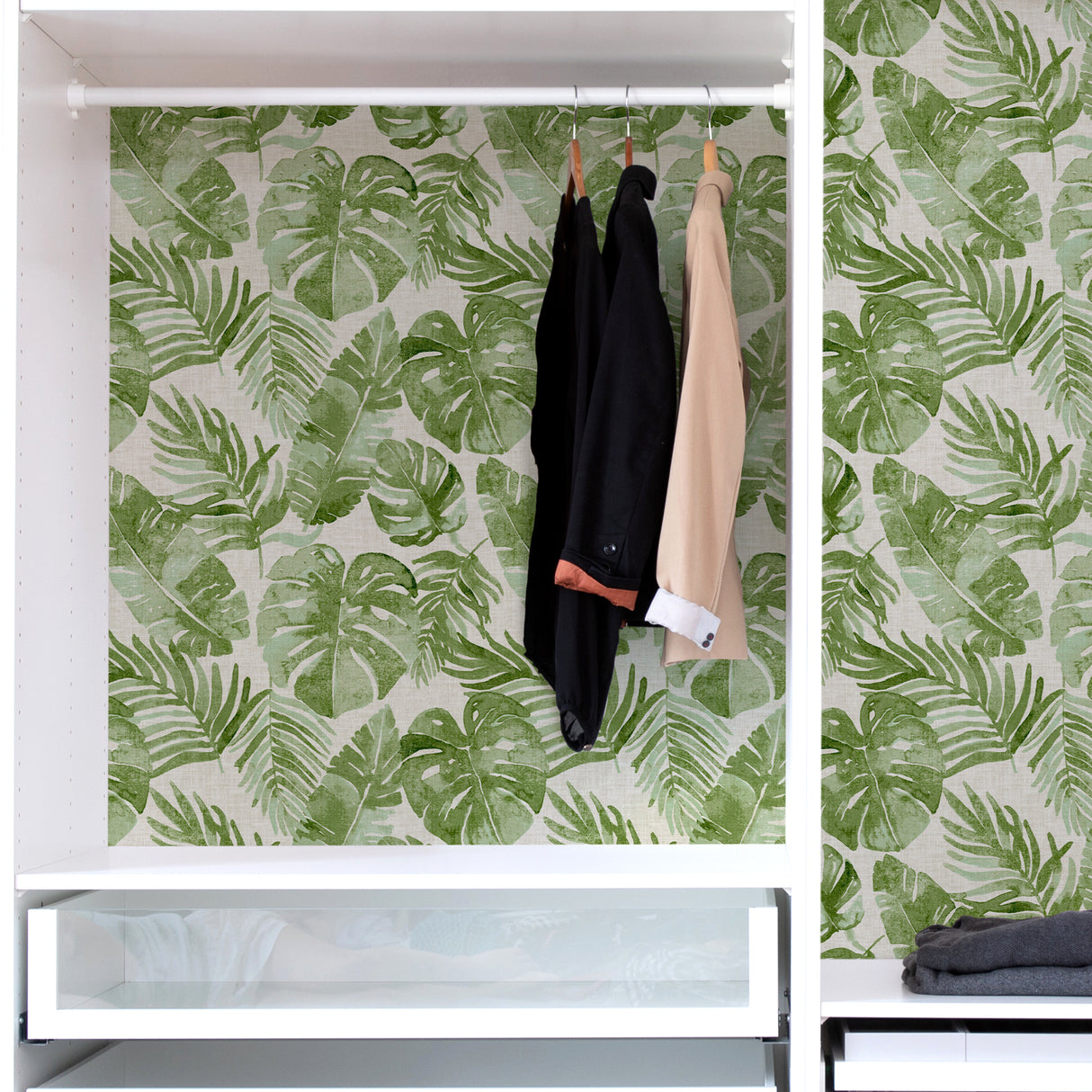 Tortola Green and Off-White Watercolor Tropical Botanical Monstera and Palm Leaf Peel and Stick Wallpaper by NuWallpaper - NU3670