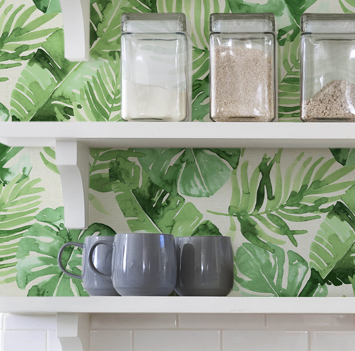Tortola Green and Off-White Watercolor Tropical Botanical Monstera and Palm Leaf Peel and Stick Wallpaper by NuWallpaper - NU3670