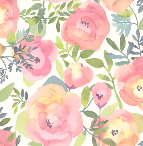 Peachy Keen Pink Peel and Stick Wallpaper by NuWallpaper - NU4823 - Watercolor Peony Floral Pattern