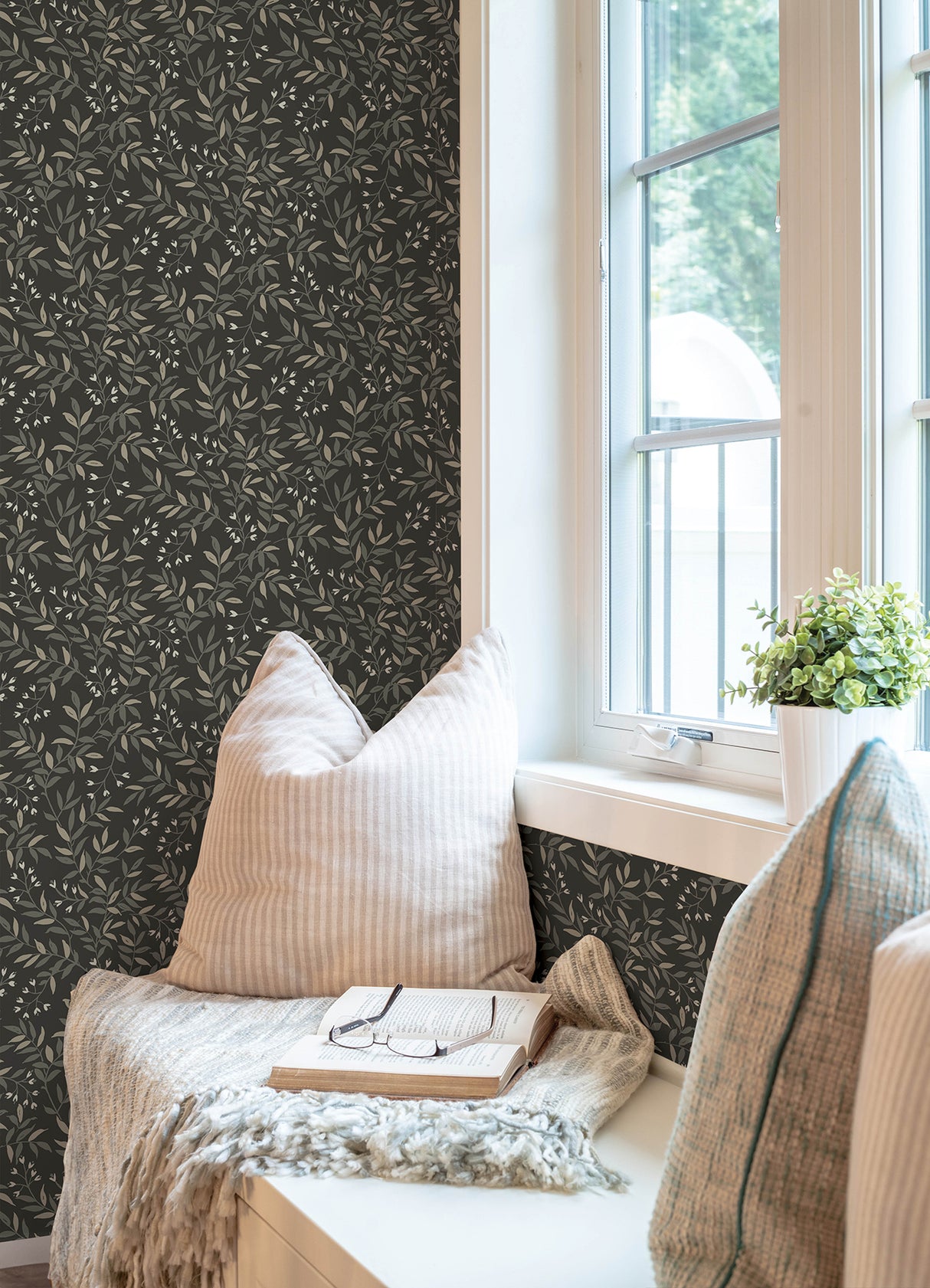 Olivia Moody Black Botanical Vine and Small White Floral Peel and Stick Removable Wallpaper by NuWallpaper WallPops Collection - NU6431
