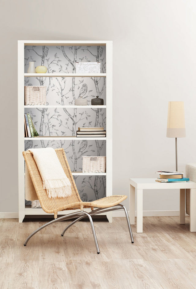 Woods Grey Peel & Stick Wallpaper with Owl Forest Motif - NuWallpaper NU1412