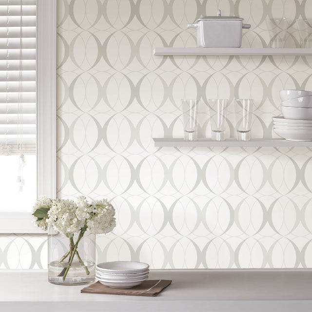Circulate Light Silver Peel & Stick Wallpaper with Modern Geometric Pattern - NuWallpaper NUS1704
