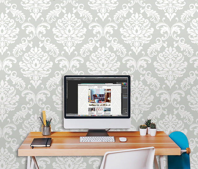 Ariel Grey Damask Peel & Stick Wallpaper - NuWallpaper NUS1935