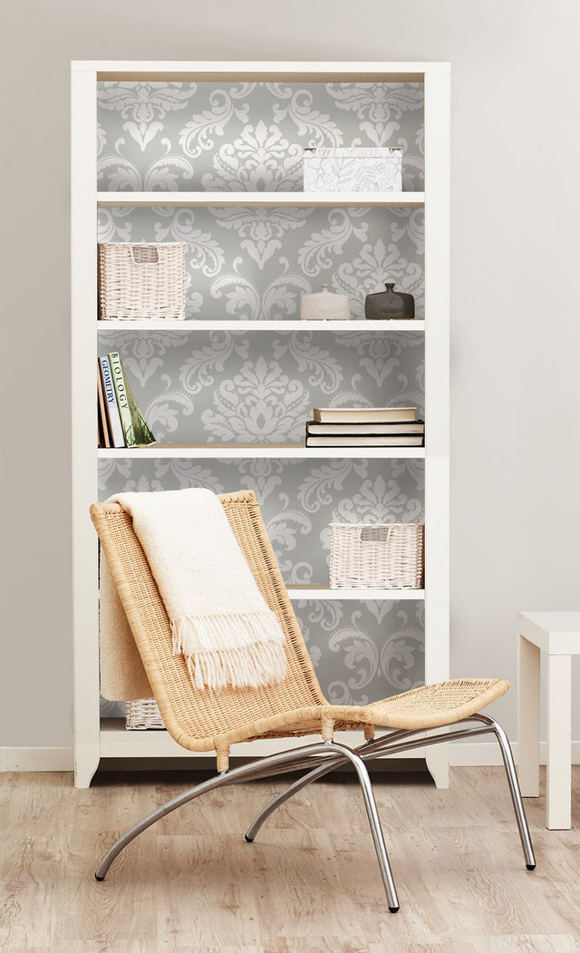 Ariel Grey Damask Peel & Stick Wallpaper - NuWallpaper NUS1935