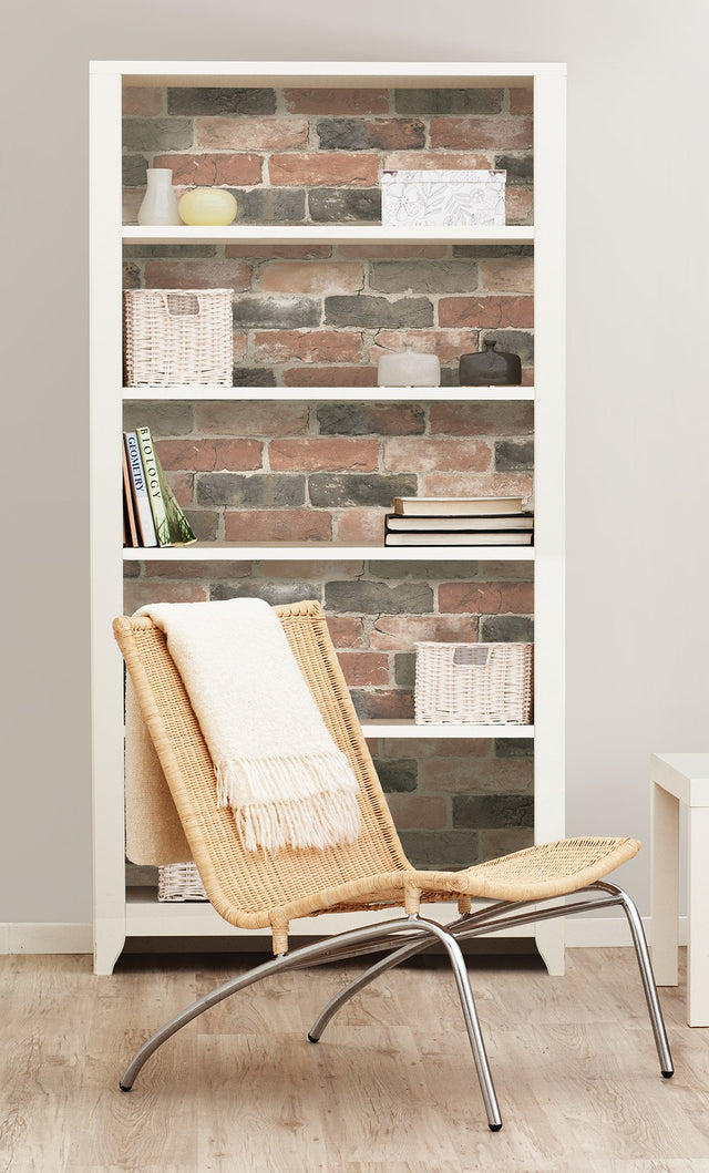 Newport Reclaimed Brick Red Peel & Stick Wallpaper with Faded Brick Pattern - Brewster NU2064
