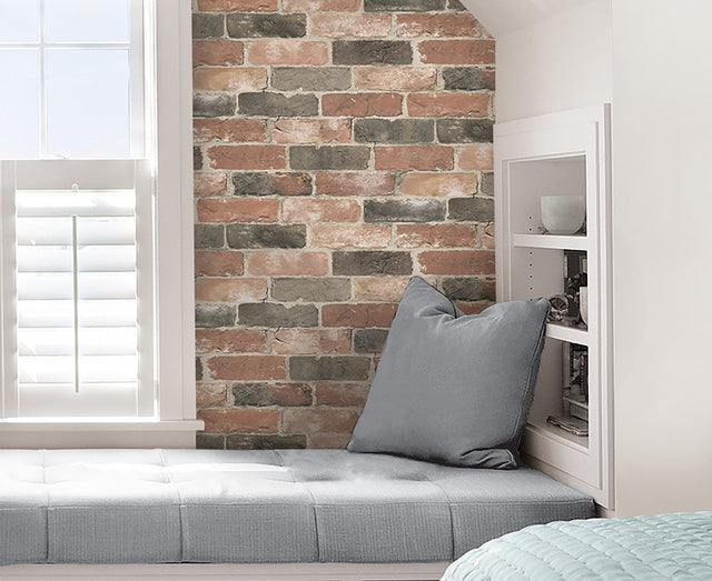 Newport Reclaimed Brick Red Peel & Stick Wallpaper with Faded Brick Pattern - Brewster NU2064
