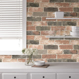 Newport Reclaimed Brick Red Peel & Stick Wallpaper with Faded Brick Pattern - Brewster NU2064