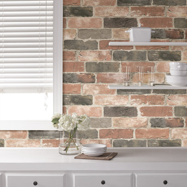 Newport Reclaimed Brick Red Peel & Stick Wallpaper with Faded Brick Pattern - Brewster NU2064