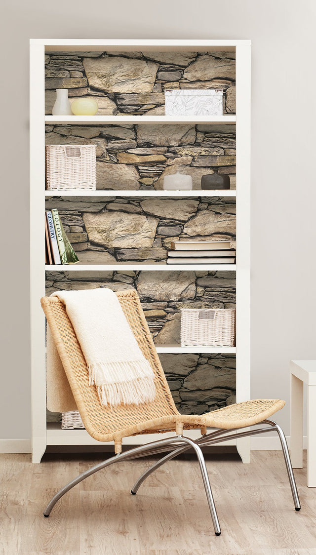 Hadrian Stone Brown Peel & Stick Wallpaper with Stone Wall Graphic Pattern - NuWallpaper NU2065