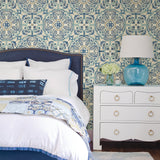 Florentine Tile Blue Peel & Stick Wallpaper with Floral Tile Motif - NuWallpaper NU2235